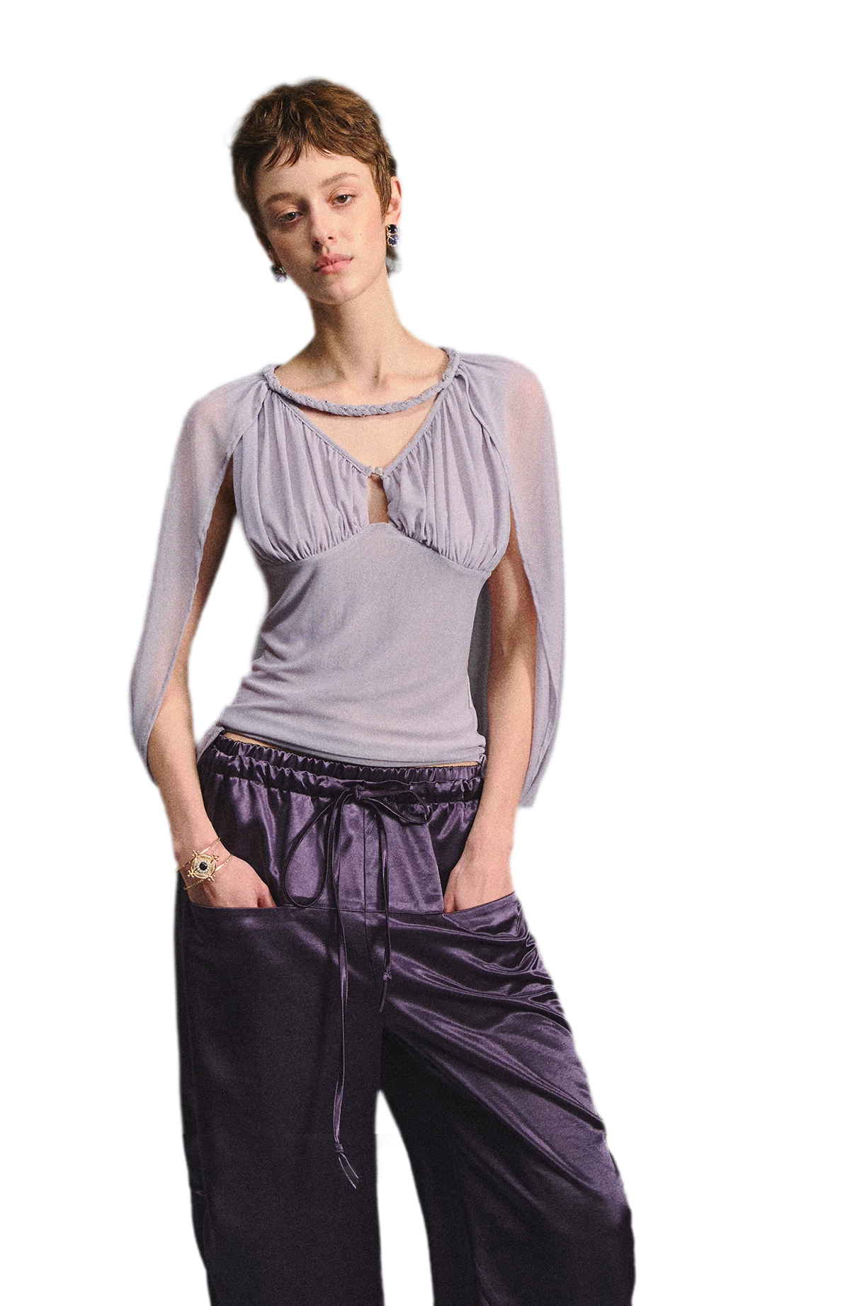 Ruched Mesh V-Neck Top