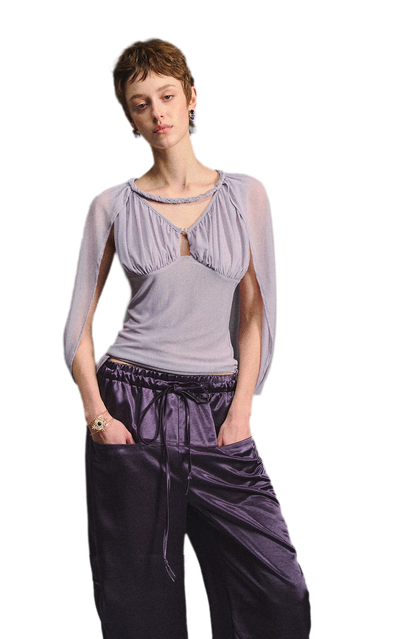 Ruched Mesh V-Neck Top