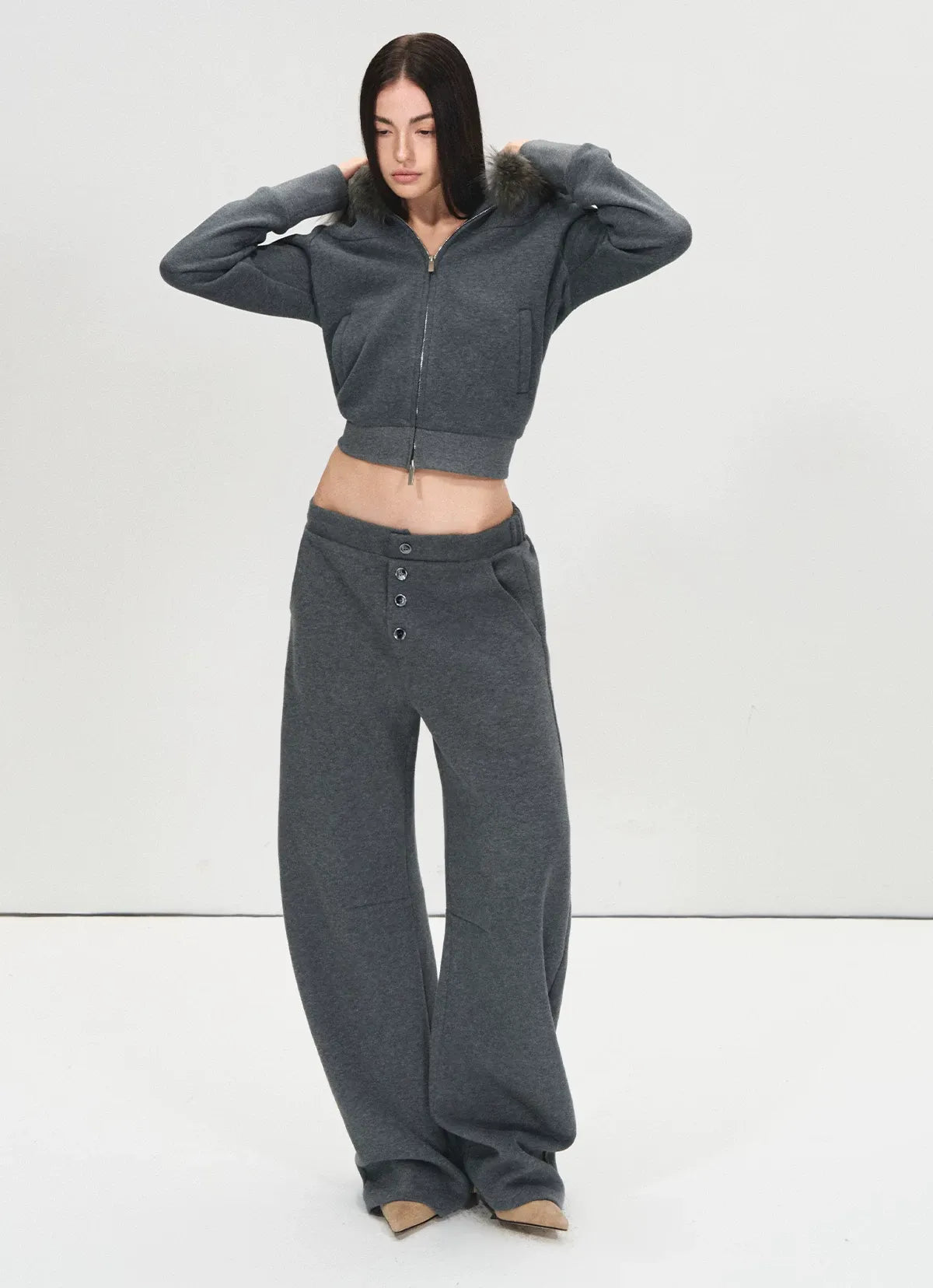 Detachable Fur Collar Fleece Hoodie &amp; Relaxed Pants