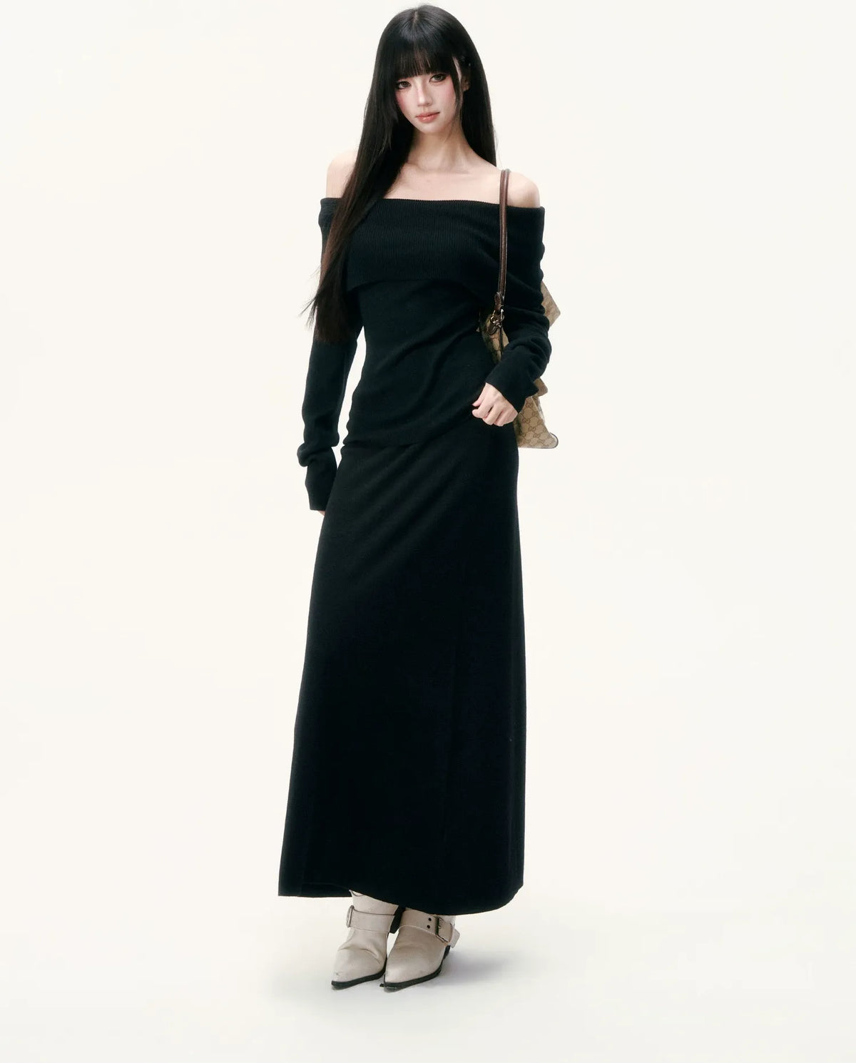 Wool Blend Off-Shoulder Skirt Set