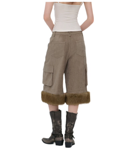 Chenille Cargo Cropped Wide-Leg Pants