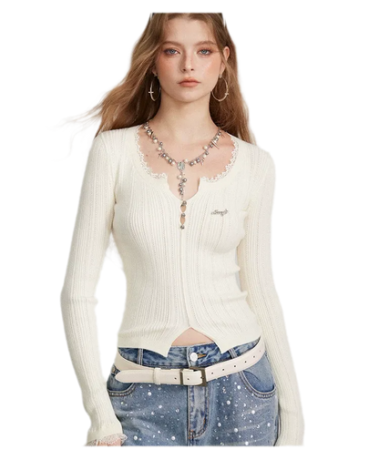 Lace Trim Ribbed Knit Top