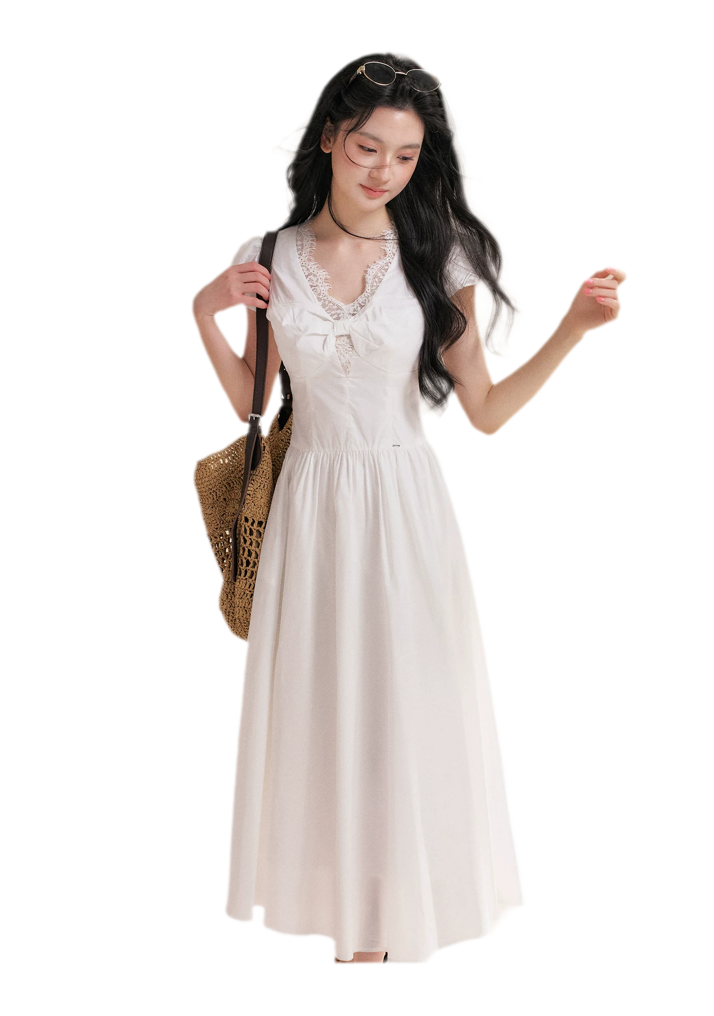 Knot Design French Lace Puff Sleeve A-Line Dress