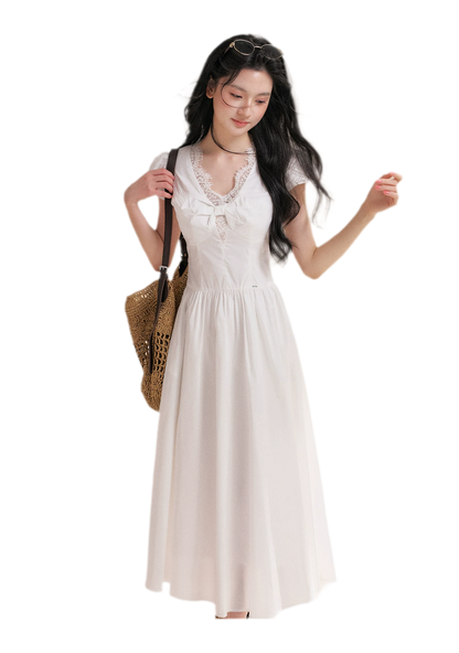 Knot Design French Lace Puff Sleeve A-Line Dress