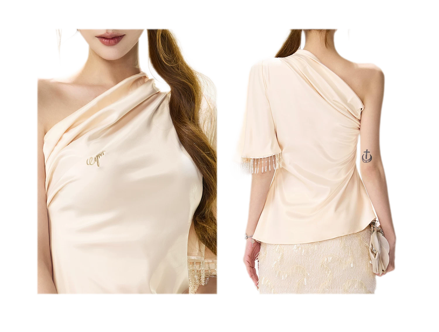Asymmetric Tassel Satin Top