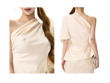 Asymmetric Tassel Satin Top