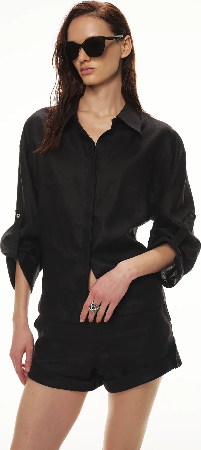 Linen Waist-Defined Shirt &amp; Low-Rise Rolled Shorts Set