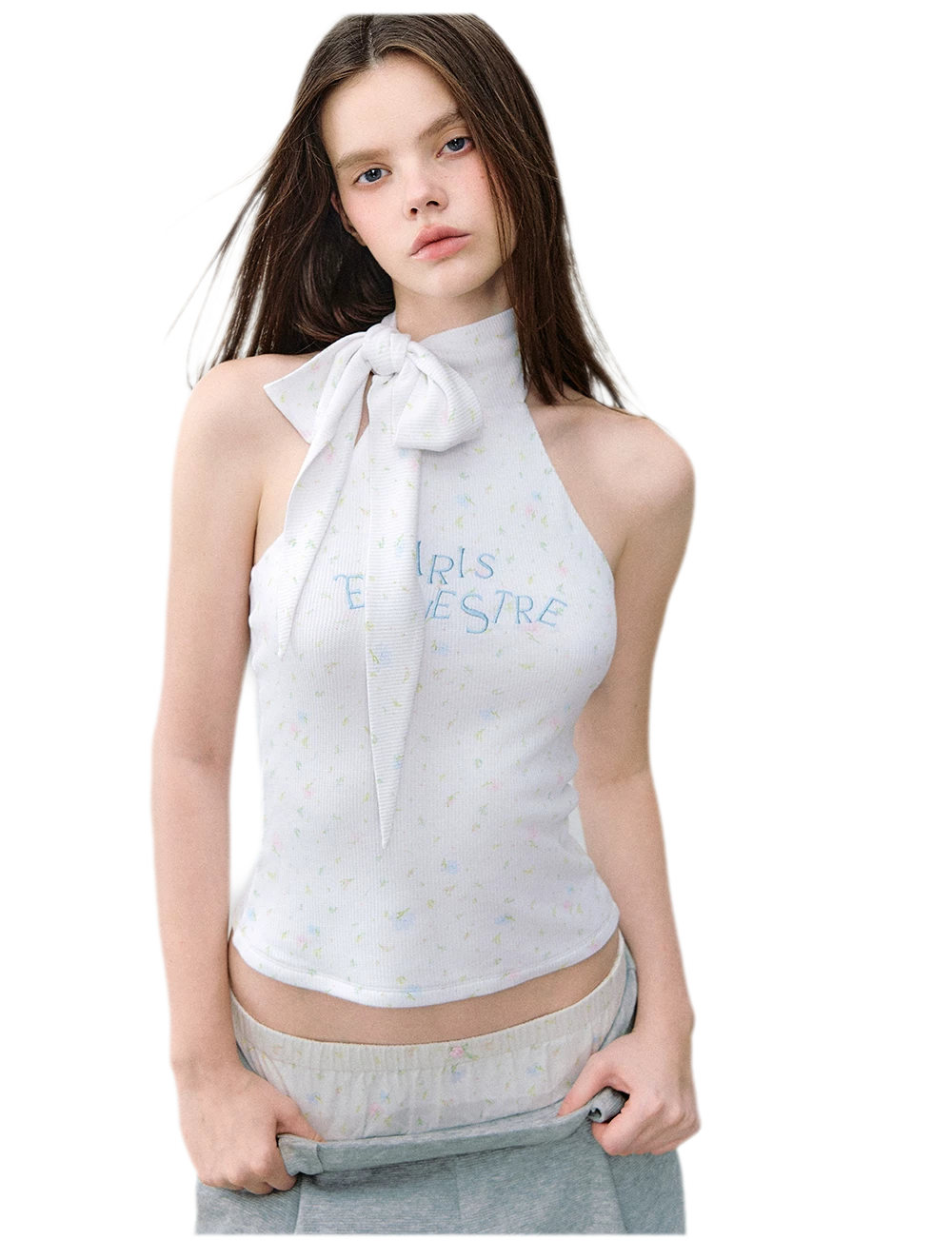 Printed Bow-Tie Halter Cropped Vest