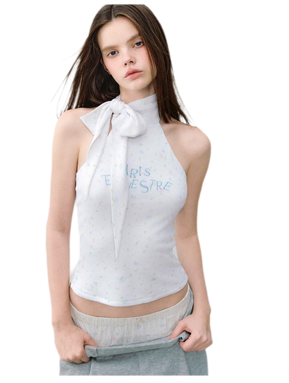 Printed Bow-Tie Halter Cropped Vest