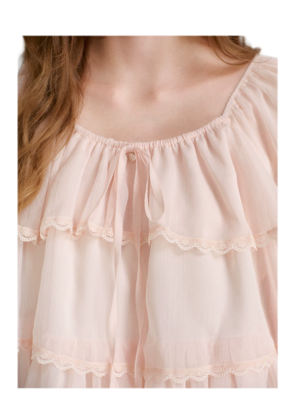 Chiffon Ruffle Lantern Sleeve Blouse