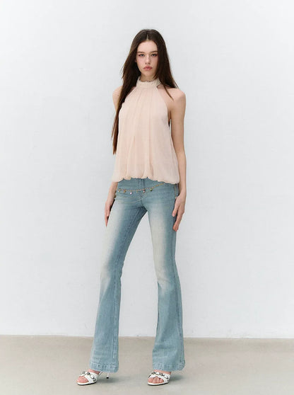 Sleeveless Chiffon Tie-Neck Waist Shirt