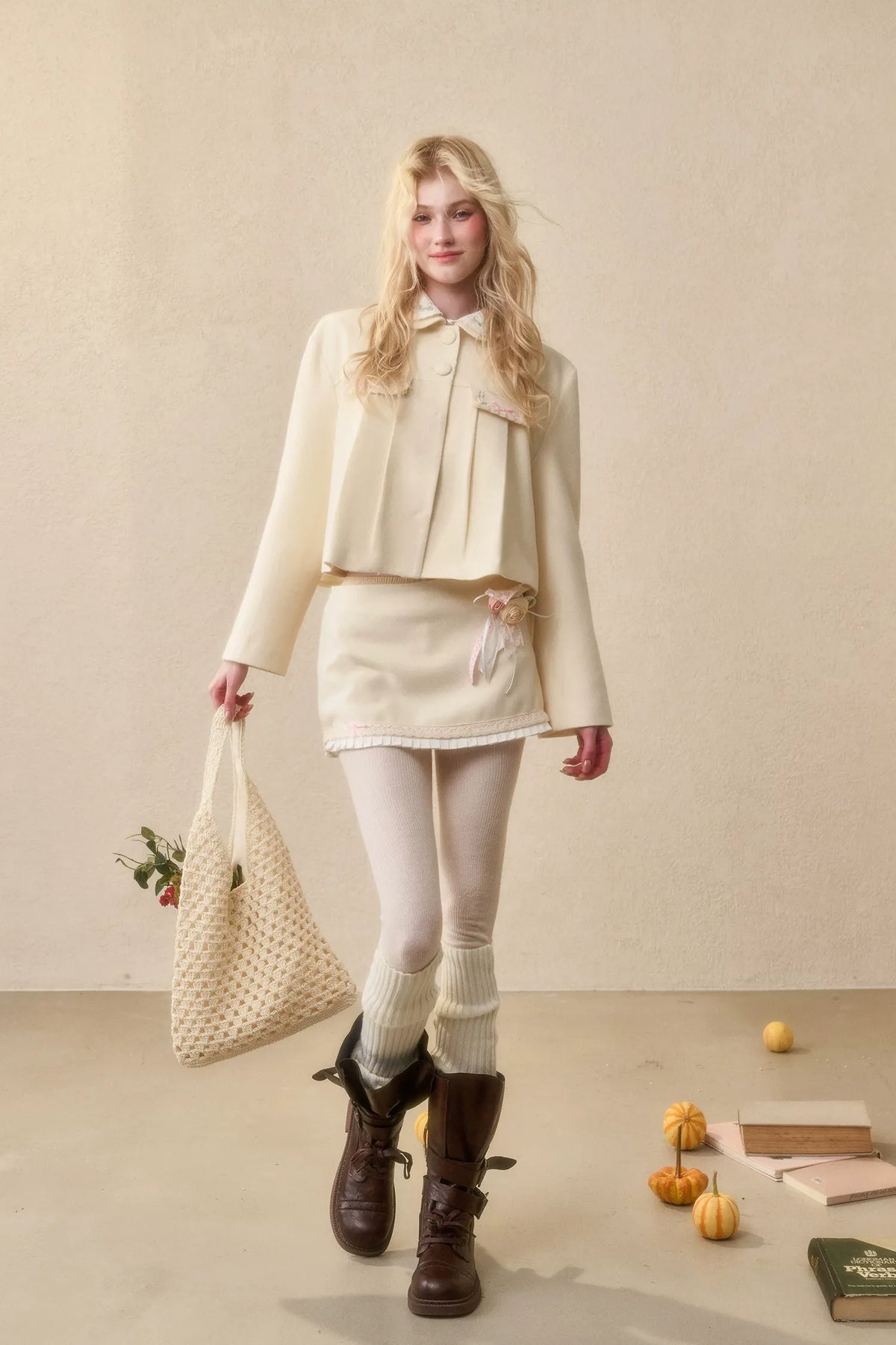 Embroidered Boxy Jacket Skirt Set