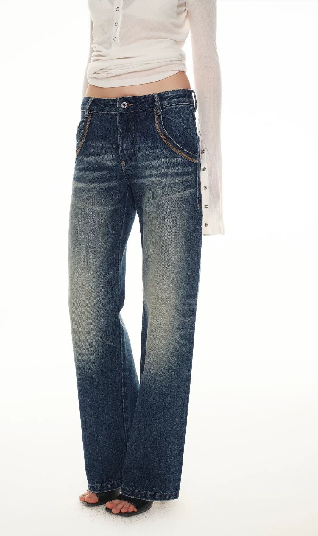 Classic Vintage Washed Distressed Wide-Leg Jeans