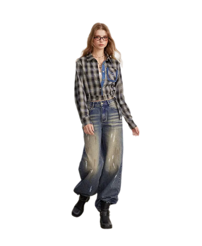 Fringe Plaid Cropped Shirt Jacket