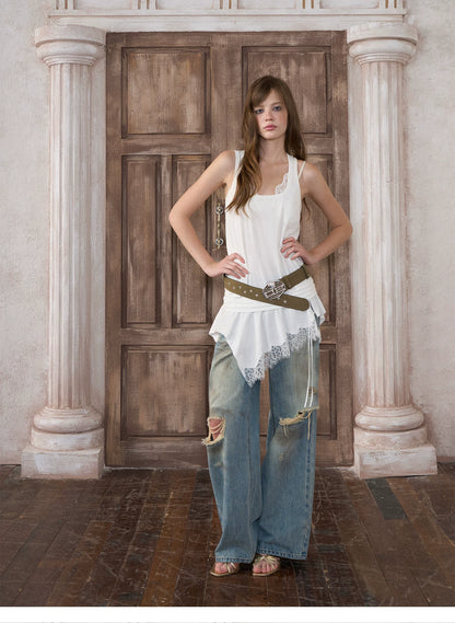 Lace Panel Asymmetric Vest Top