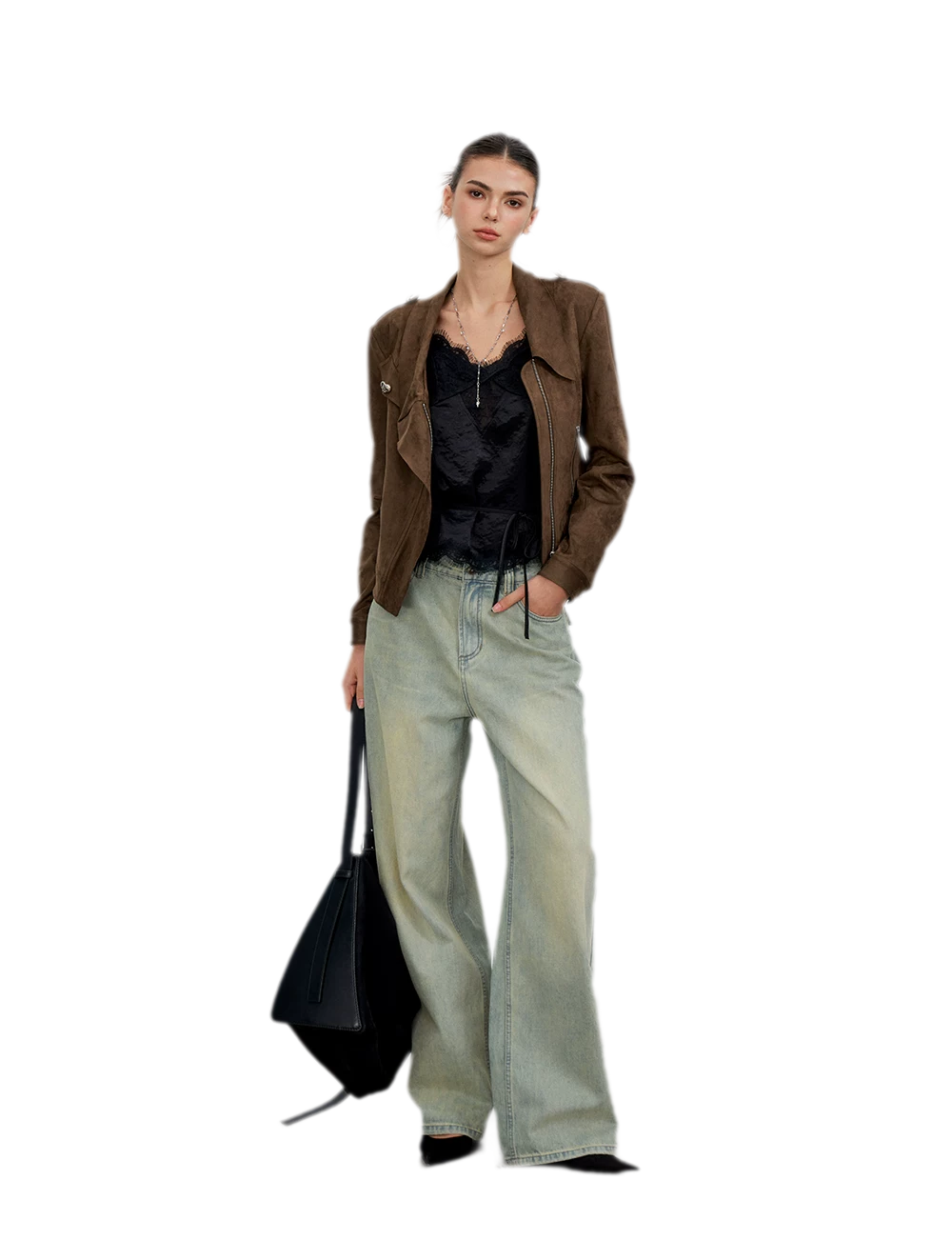 Suede-Effect Asymmetric Cropped Jacket