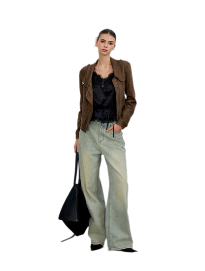 Suede-Effect Asymmetric Cropped Jacket