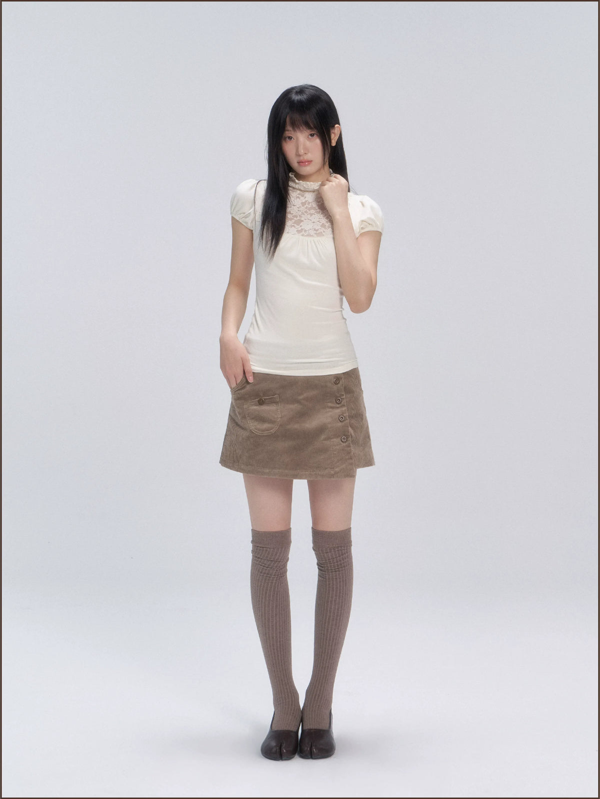 Lace Yoke Ruched Fitted Top
