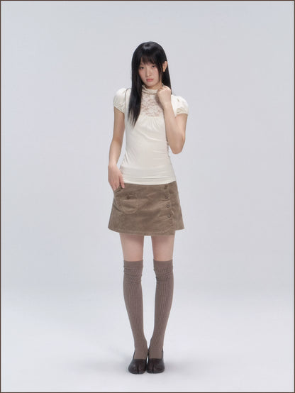 Lace Yoke Ruched Fitted Top