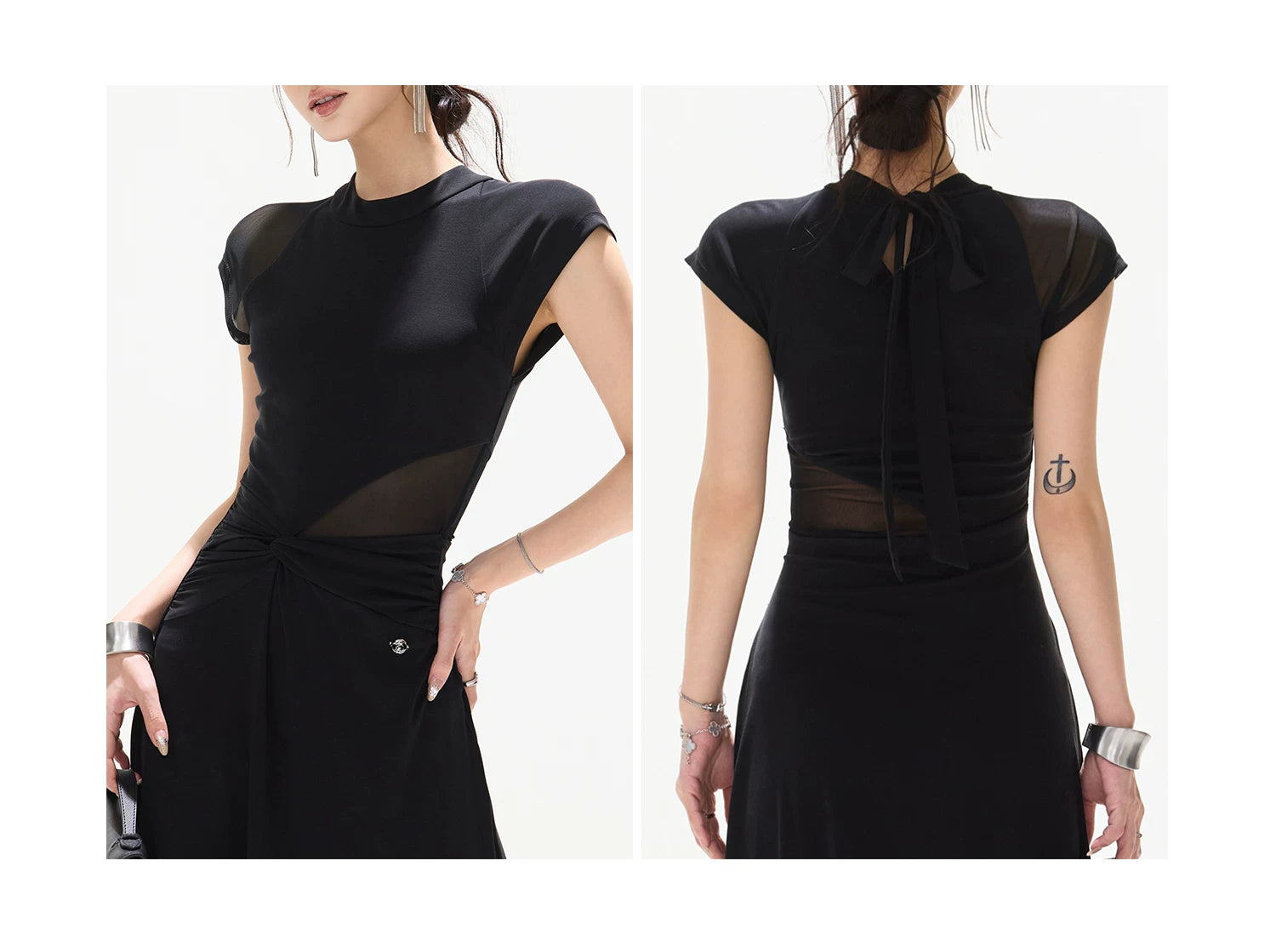 Black Swan Prologue Knot Mesh Sleeve Waist Dress