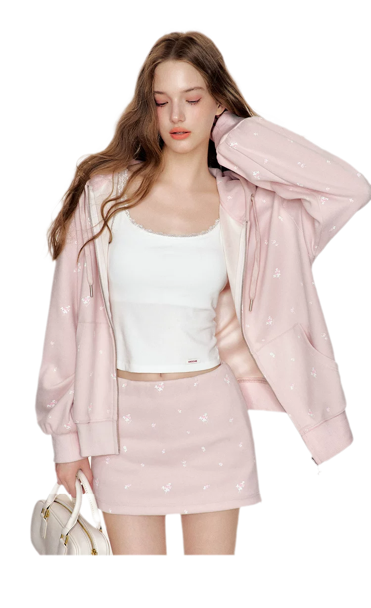 Cotton Rose Print Hooded Set