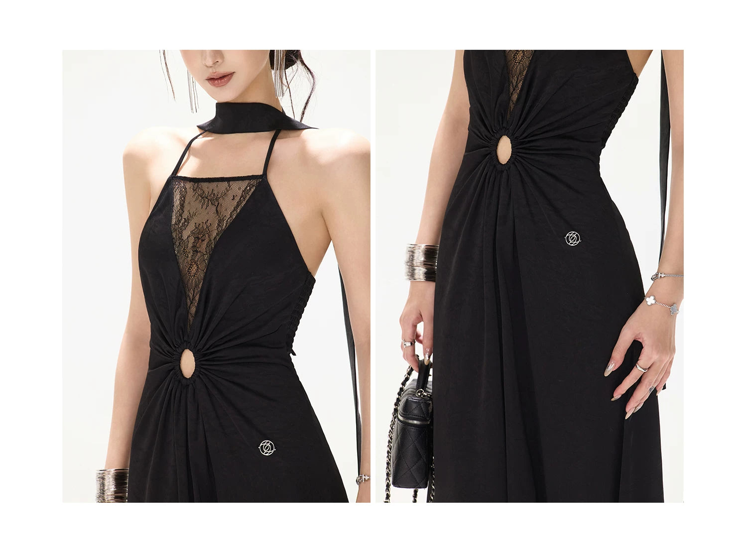 Mesh Lace Deep V Halter Dress with Satin