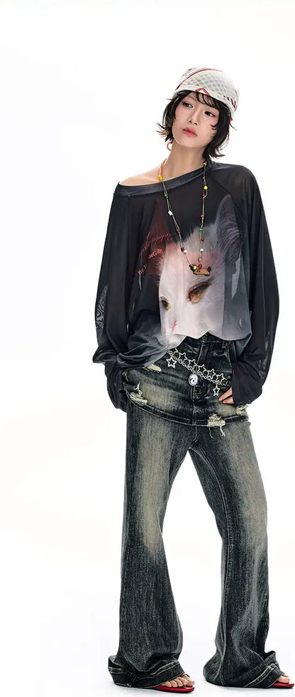 Sheer Oversized Cat Mesh Top