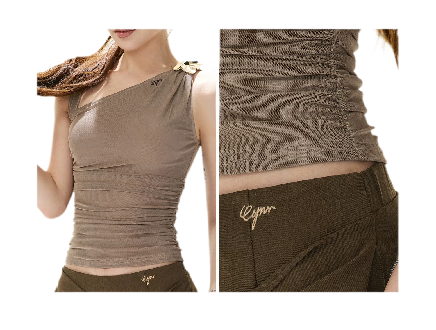 Asymmetric Ruched Mesh Top