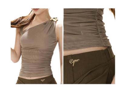 Asymmetric Ruched Mesh Top