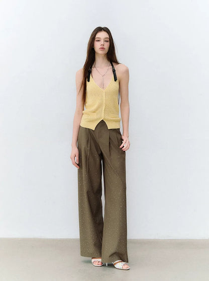 Rhinestone Pleated Waistband Wide-Leg Pants