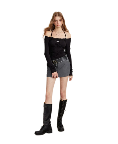 Ruching Lace Trim Long-Sleeve Top