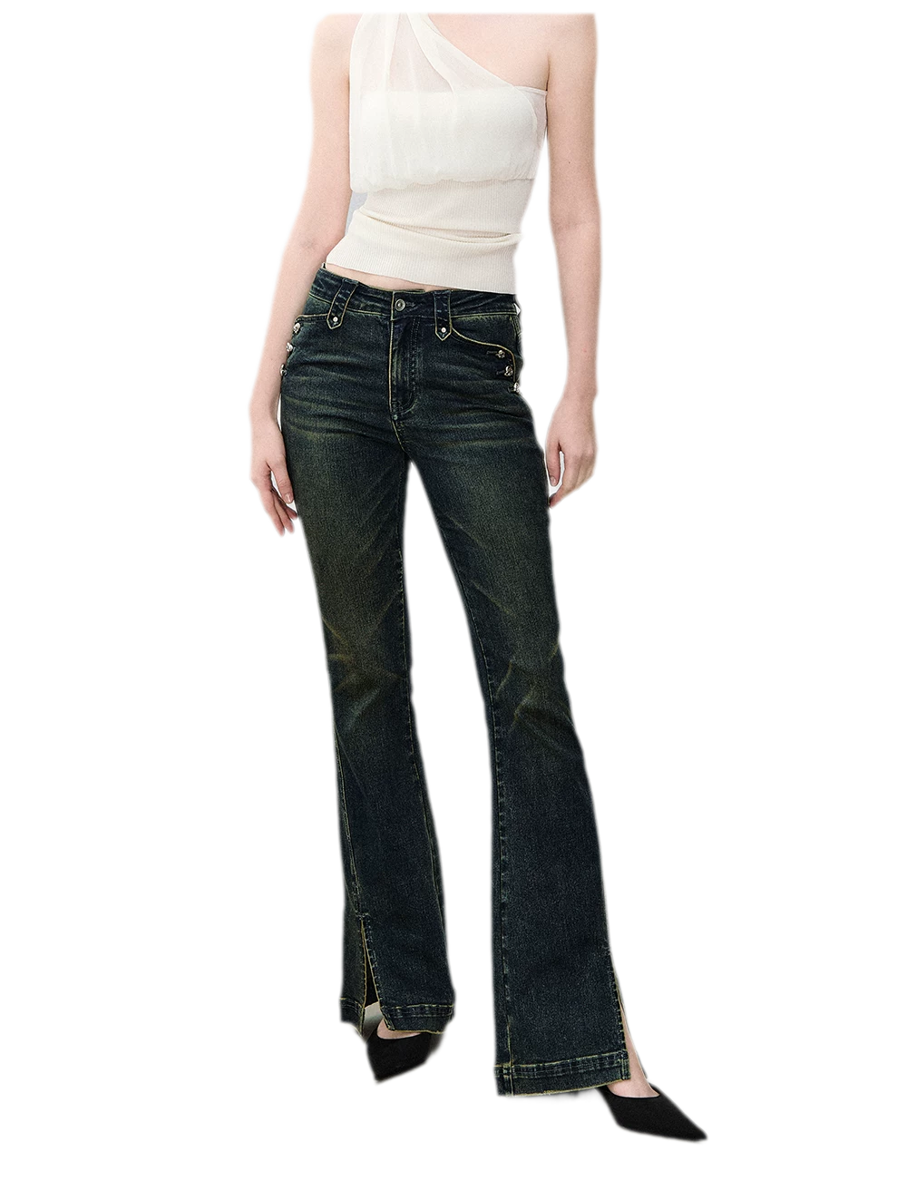 Washed Slit Flare Jeans