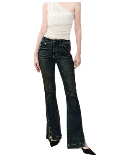 Washed Slit Flare Jeans