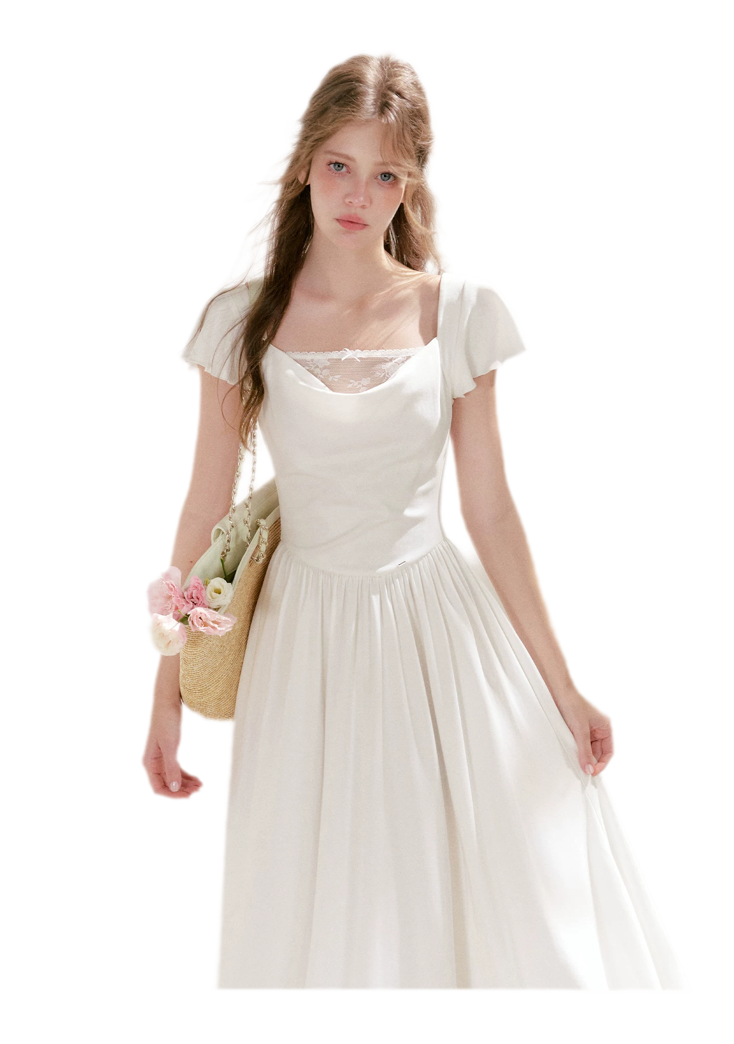 Lace Insert Flutter Sleeve Dress