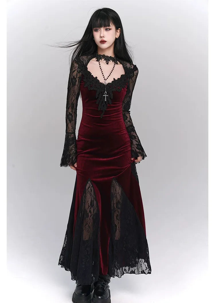 Lace-Sleeve Mermaid Gothic Dress