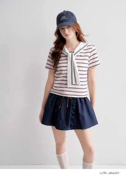 Navy Sailor Collar Tie-Striped Short T-shirt
