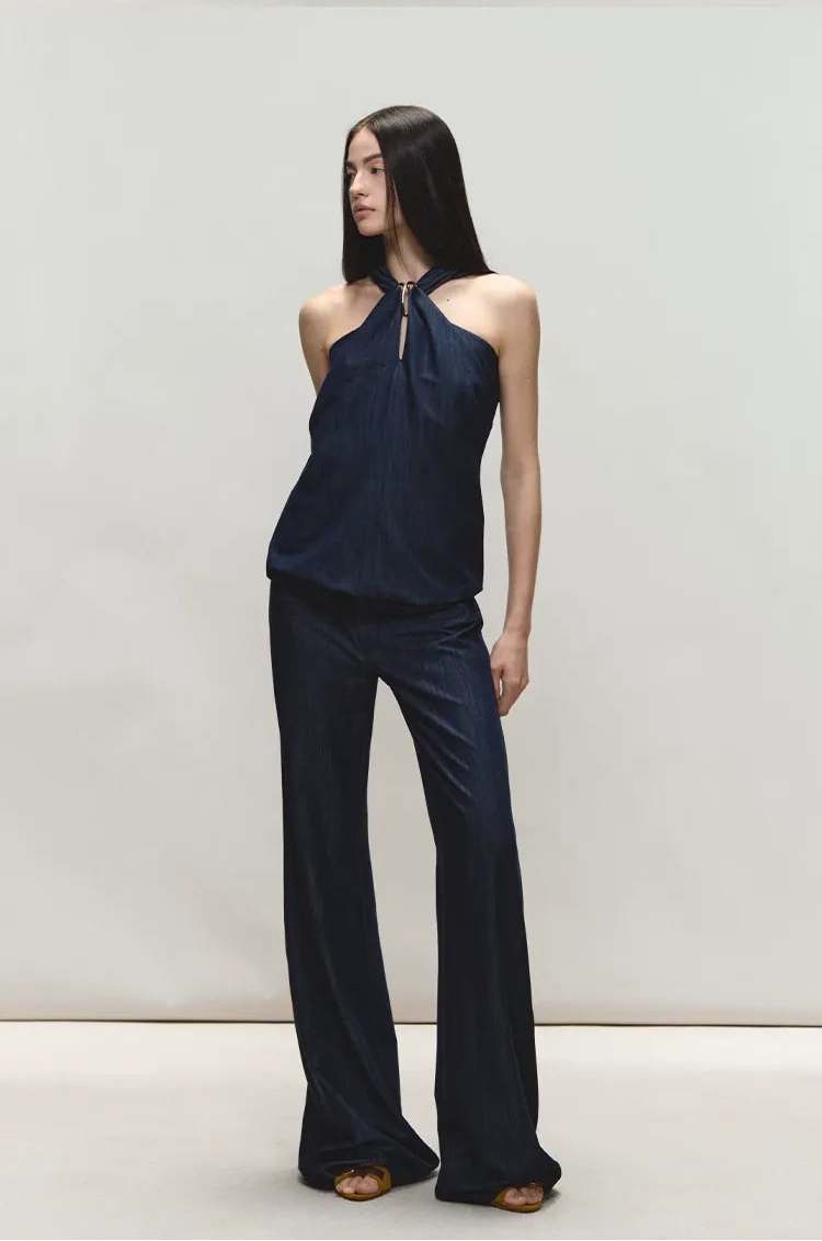 Tencel Denim Blue Hollow Halter Slim Flared Pants