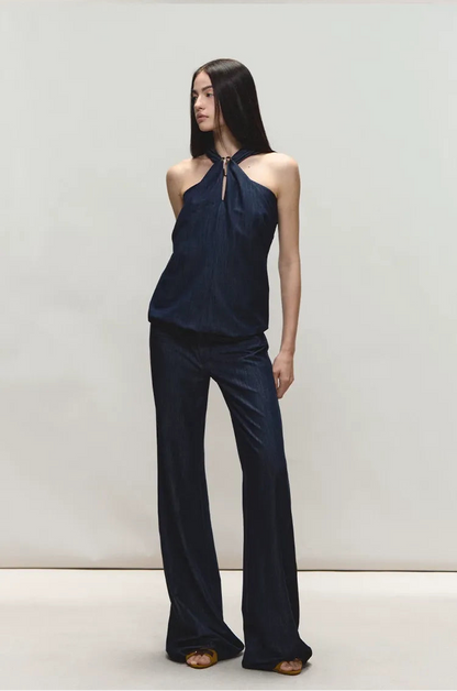 Tencel Denim Blue Hollow Halter Slim Flared Pants