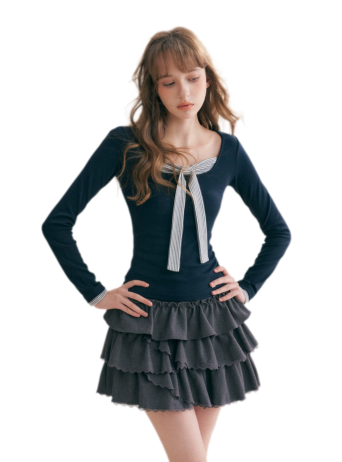 Striped Faux-Layer Fitted Top