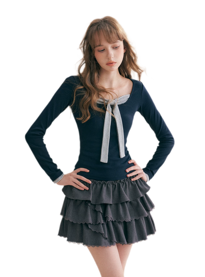 Striped Faux-Layer Fitted Top