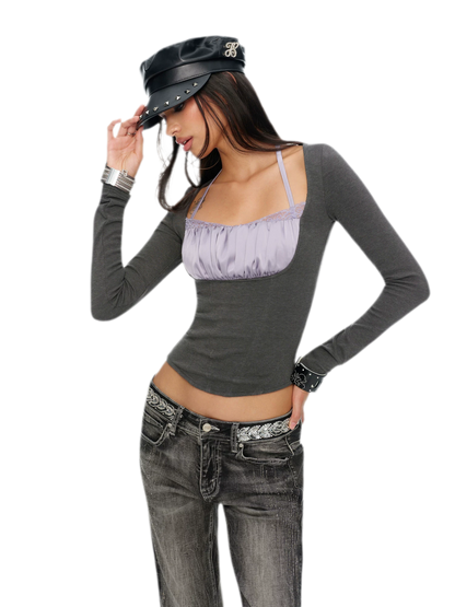 Top de base de encaje elástico con cuello halter