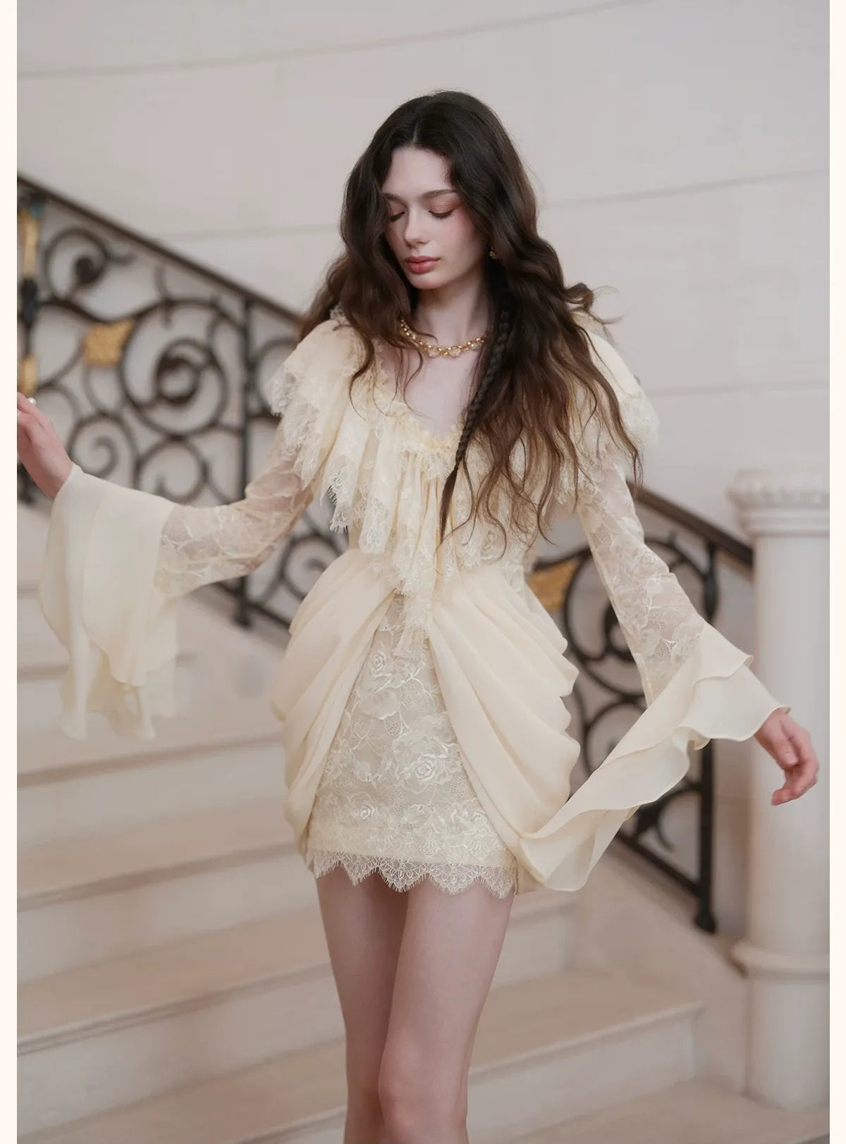 Lace Pleated V-Neck Dress