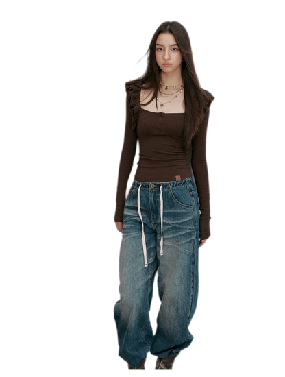 Ribbed Ruffle Square Neck Top