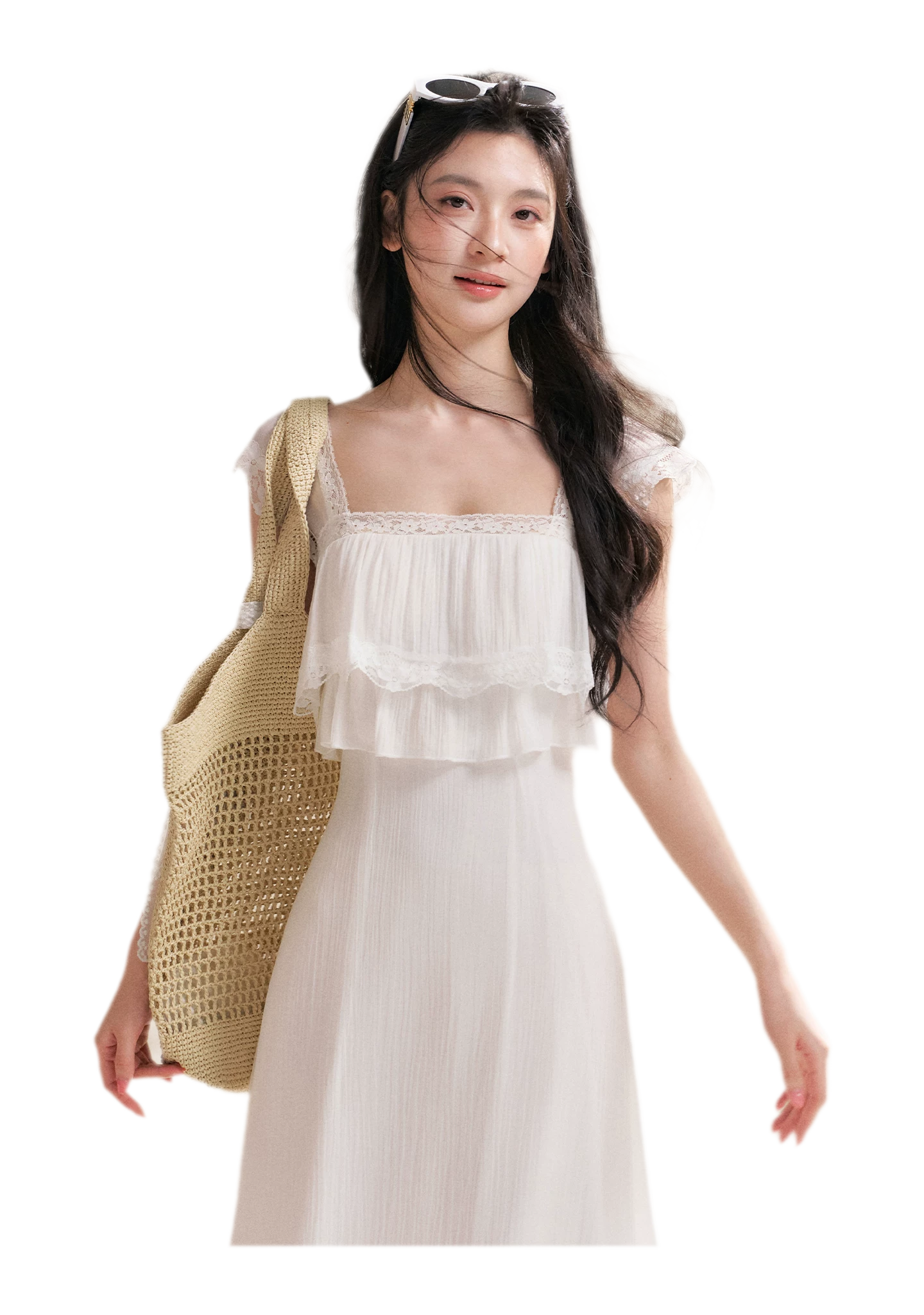 Lace Ruffle Waist Long Dress