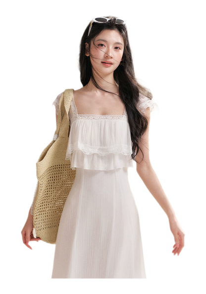 Lace Ruffle Waist Long Dress