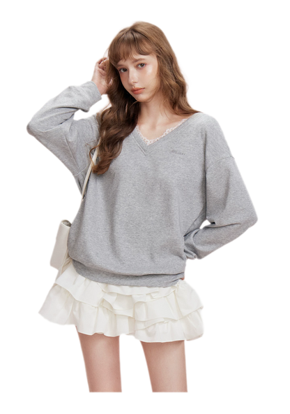 Lace Trim Back Cutout Pullover