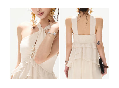 Flowing Halter Rhinestone Chiffon Long Dress
