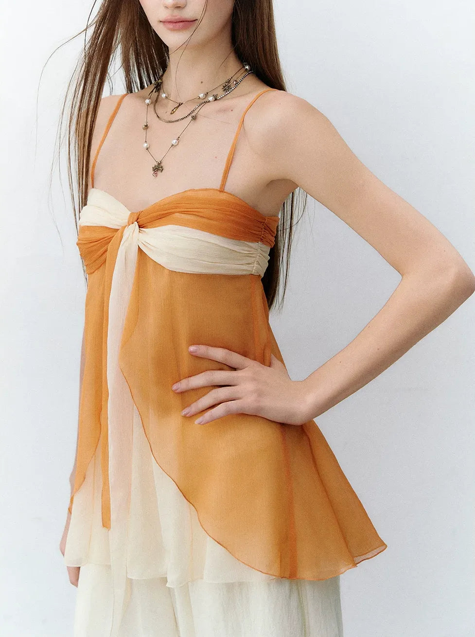 Color Catcher Irregular Contrast Pleated Chiffon Camisole