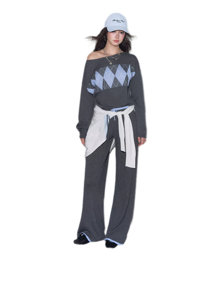 Argyle Off-Shoulder Knit Set