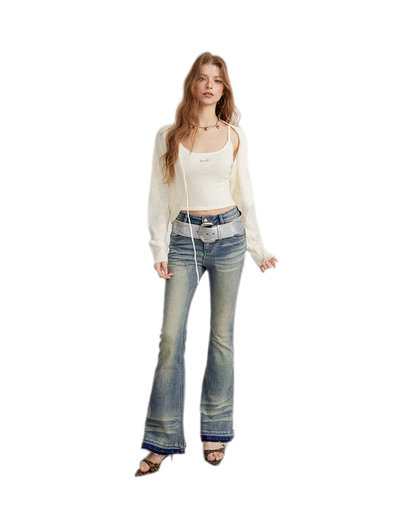 Washed Micro-Flare Contrast-Hem Jeans